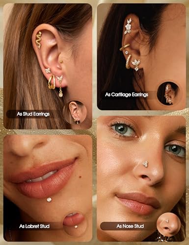 20G 18G Threadless Flat Back Earrings 316L Surgical Steel, 12PCS | Hypoallergenic Push in Stud Earrings, 14K Gold Plated Cartilage Earring Stacks, Helix Conch Tragus Nose Piercing Jewelry - color: 14K Gold Tone, size: 20G-6MM Bar