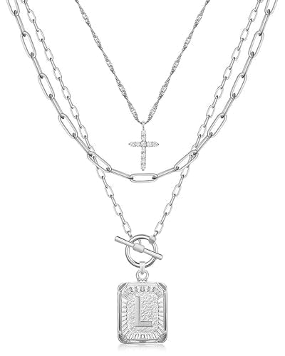 MJartoria Layered Initial Necklaces for Women Trendy, 14K Gold Plated Brass Simple Dainty Cross Choker Square Letter Pendant Necklace, Paperclip Chain Necklaces Jewelry - color: Silvery, style: L