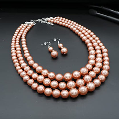 Chunky Layered Imitation Pearl Necklace for Women 3 strand Pearl Necklaces Faux Pearl Necklace Earrings Set 1920s Flapper Gatsby Costume Accessories - color: 3 strand pearl necklace champagne