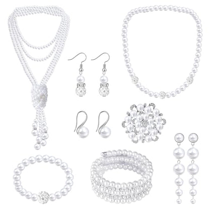 Pearl Jewelry Set for Women Faux Pearl Costume Jewelry Set with Necklace, Bracelets, Ring, Earrings for Wedding Bridal Birthday Tea Party - color: 8Pcs White