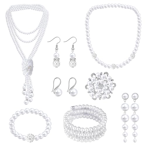 Pearl Jewelry Set for Women Faux Pearl Costume Jewelry Set with Necklace, Bracelets, Ring, Earrings for Wedding Bridal Birthday Tea Party - color: 8Pcs White