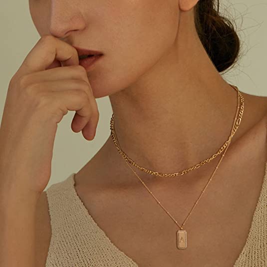Gold Initial Necklace for Women 14K Gold Plated Figaro Chain Choker Layered Necklaces Set Bar Rectangle Pendant Necklaces Simple Dainty Letter Necklace Everyday Gold Jewelry - style: Letter O