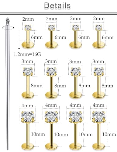 18G 16G 14G Lip Labret Medusa Nose Rings Studs Flat Back Earrings Internally Threaded 316L Surgical Steel Cartilage Tragus Helix Conch Earrings Piercing Jewelry for Women Men 6mm 8mm 10mm - color: 16G - Gold Tone-6/8/10mm Bar