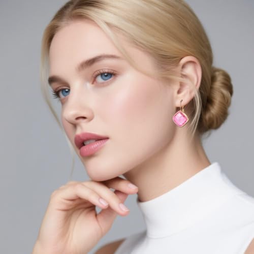 Austrian Crystal Square Leverback Drop Earrings for Women | Classic Square-Cut Crystal,14K Gold-Plated,Leverback for Easy Secure Wear,Gift Box Included,For Day and Evening Events - color: Pink