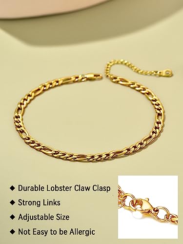 FaithHeart Waterproof Ankle Bracelets for Women, 1/2/3Pcs Non Tarnish Stainless Steel Layered Anklet Set Paperclip Figaro Cuban Link Chain Dainty Summer Beach Jewelry Gift Adjustable Size - style: g.Figaro - Gold