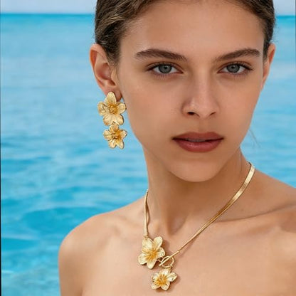 Colorful Flower Necklace Earrings Set for Women Gold Snake Chain Toggle Clasp Pendant Necklaces Dainty Double Flowers Statement Earrings Bridal Wedding Summer Beach Jewelry for Women - color: Gold