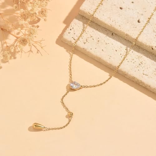 Dainty 18K Gold Plated Lariat Necklace for Women Delicate Y Chain Rose Pearl Diamond Long Drop Necklace Layering Bridal Jewelry Gift - color: CZ Waterdrop-Gold