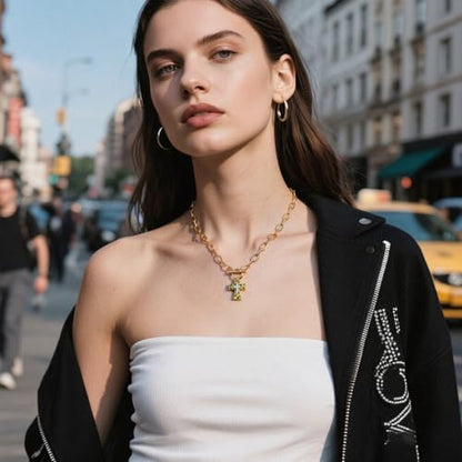 Chunky Cross Necklace for Women,Gold Silver Layered Hammered Cross Pendant Necklace Statement Paperclip Toggle Charm Chain Herringbone Snake Choker Christian Jewelry Outfit Accessories - color: AGold Silver