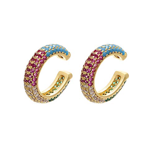 Ear Cuffs for Women - CZ Paved Hoop Conch Cuff Earrings for Men - Sparkle Rhinestones Clip On Wrap Earrings Non Pierced - color: Gold - Colorful stones