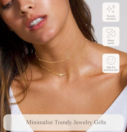 14K Gold Layered Cross Necklaces for Women,Tiny Small Sideways Cross Necklace Minimalist Christian Jewelry Gifts First Communion Confirmation Easter Stuff,2Pcs - color: Style D，Satellite with sideway cross