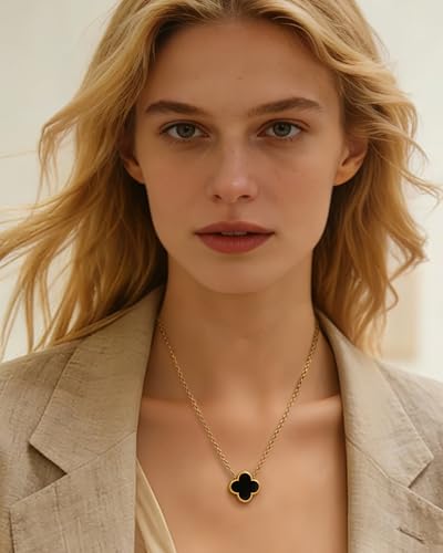 Four Leaf Clover Necklace 18K Gold Plated Necklaces for Women Lucky Flower Pendant Adjustable Link Chain Stainless Steel Dainty Trendy Simple Jewelry Gifts for Women - color: 1G-Black