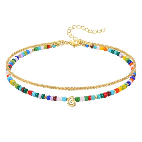 KissYan Initial Ankle Bracelets for Women | Layered Colorful Beaded Anklet with 14K Gold Chain, Waterproof Dainty Jewelry Gift for Summer Beach - style: G