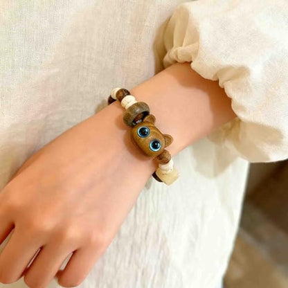 Boho Cartoon Cat Bracelet Wooden Beaded Strand Stretch Bracelets Brown Acrylic Cat Chain Bracelet Jewelry for Women