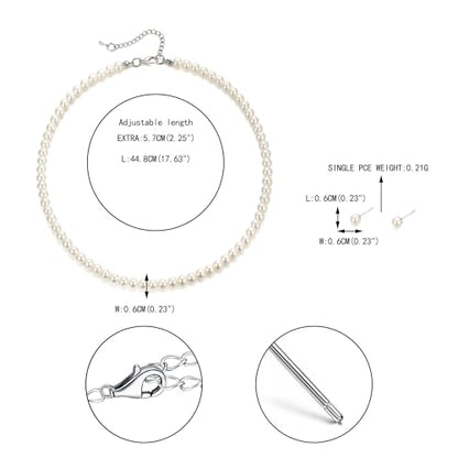 EVER FAITH Dainty Round Imitation Pearl Strand Necklace Stud Earrings Delicate Wedding Costume Prom Faux Pearls Jewelry for Women Bride - color: Cream Pearl, size: 6mm