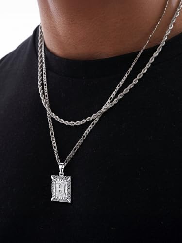 U7 Initial Letter Necklace for Men Women, 14K Gold/Silver Plated Square Capital Monogram Pendant Necklace from A-Z with 22+2 Inch Figaro Chain, Personalized Jewelry for Him - color: Silver, style: H
