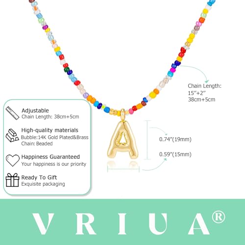 VRIUA Colorful Initial Necklaces for Women – Bubble Letter A-Z Necklace Handmade Beaded Necklace Dainty Initial Necklaces for Girls Kids - Teen Girls Gifts Trendy Jewelry - color: Gold, style: A.