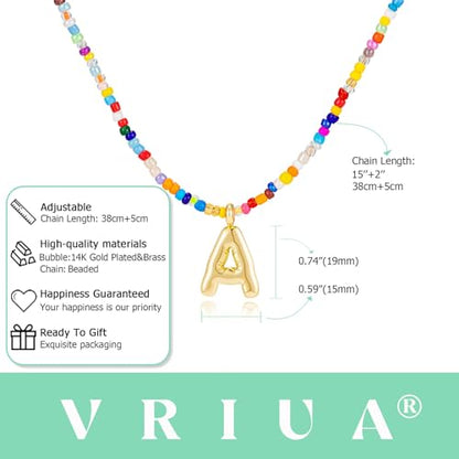 VRIUA Colorful Initial Necklaces for Women – Bubble Letter A-Z Necklace Handmade Beaded Necklace Dainty Initial Necklaces for Girls Kids - Teen Girls Gifts Trendy Jewelry - color: Gold, style: A.