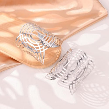 2Pcs Cuff Bangle Bracelet for Women Open Wide Bangle Bracelet Set | minimalist statement bangle bracelets，wrist cuff wrap bracelet adjustable，open wide wire grooved hammered bracelet set - color: 2PCS-Sliver-G