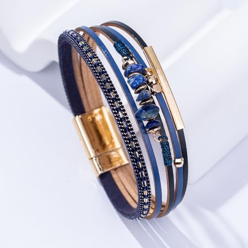 Boho Gemstone Beaded Leather Wrap Bracelets Stackable Chunky Cuff Bracelet Western Jewelry Cowboy Chic Country Concert Outfits for Women - color: Navy Blue