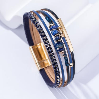 Boho Gemstone Beaded Leather Wrap Bracelets Stackable Chunky Cuff Bracelet Western Jewelry Cowboy Chic Country Concert Outfits for Women - color: Navy Blue