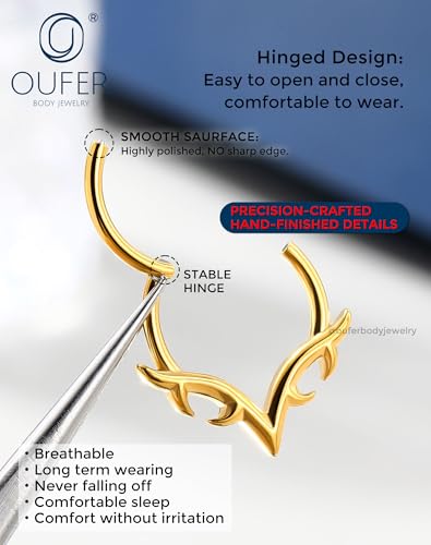 OUFER 16g Septum Rings, Blade Wings Septum Jewelry, V Shape Hinged Segment Clicker, Hypoallergenic Surgical Steel Nose Rings Hoops, Helix Daith Tragus Conch Piercing Jewelry for Women Men Silver/Gold - color: Gold