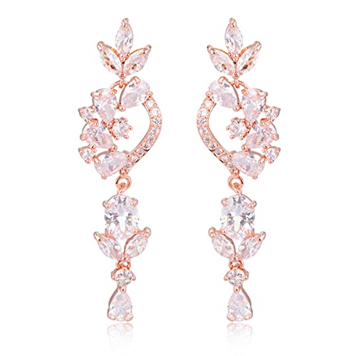 CZ Bridal Earrings for Wedding - 14k Plated Sterling Silver Elegant Teardrop Cubic Zirconia Crystal Rhinestone Floarl Leaf Cluster Chandelier Statement Dangle Drop Earrings for Bride Bridesmaids Party - color: Floral - Rose gold