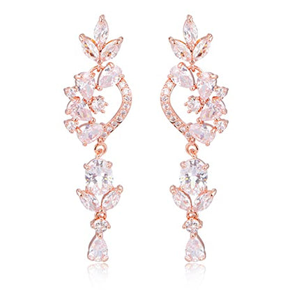 CZ Bridal Earrings for Wedding - 14k Plated Sterling Silver Elegant Teardrop Cubic Zirconia Crystal Rhinestone Floarl Leaf Cluster Chandelier Statement Dangle Drop Earrings for Bride Bridesmaids Party - color: Floral - Rose gold