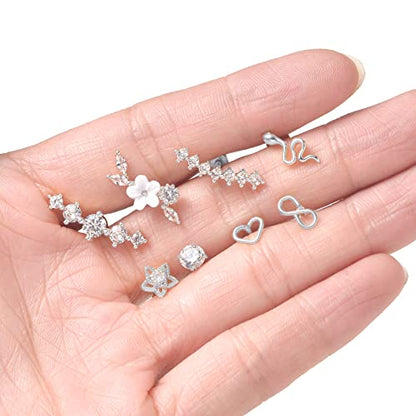Tornito 9-30Pcs Cartilage CZ Stud Earrings Conch Forward Helix Tragus Daith Piercing Lip Rings Snake Heart Butterfly Jewelry for Women Men 16G Silver Gold Tone - color: A:Silver Tone