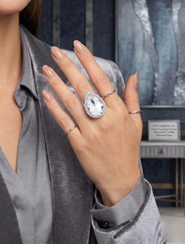 NYFASHION101 Radiant Teardrop Stone Adjustable Cocktail Statement Ring - color: Clear Encircled Teardrop, Silver-Tone