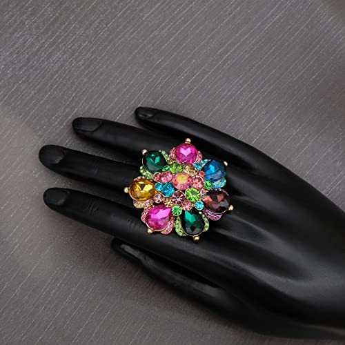 Flower Shape Crystal Cocktail Stretch Ring Party Prom Floral Statement Elastic Ring for Women - color: 2RI255-multicolor-gold tone