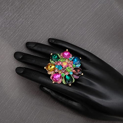 Flower Shape Crystal Cocktail Stretch Ring Party Prom Floral Statement Elastic Ring for Women - color: 2RI255-multicolor-gold tone