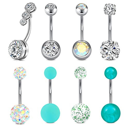 VCMART 14g 12mm & 14mm Navel Ring - Surgical Steel Belly Rings in Silver, Pink & Green for Women - Long Bar Belly Button Piercing Jewelry - style: B3 -12mm belly bar, 8pcs