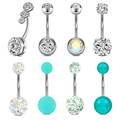 VCMART 14g 12mm & 14mm Navel Ring - Surgical Steel Belly Rings in Silver, Pink & Green for Women - Long Bar Belly Button Piercing Jewelry - style: B3 -12mm belly bar, 8pcs
