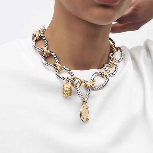 Doubnine Two-Tone Chain Link Necklace, Silver Rope and Gold Accents, Pendant Charm Choker