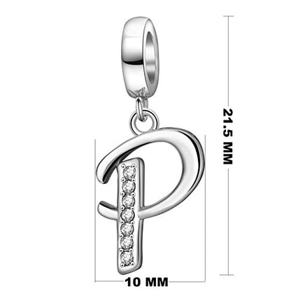 925 Sterling Silver Initial Charm fits Pandora, Gift for Mom Wife | Christmas,Birthday,Mother's Day, Anniversary, Valentine's Day - color: Letter P