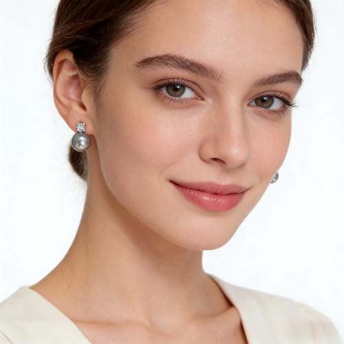 Faux Pearl Cubic Zirconia Stud Earrings, Hypoallergenic Lightweight Round Pearl Studs for Women - color: Blueish Silver, size: Pearl 10mm-CZ 6mm