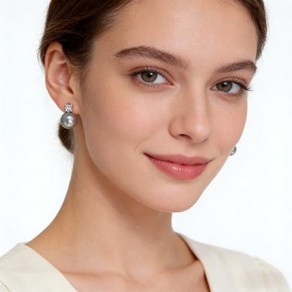 Faux Pearl Cubic Zirconia Stud Earrings, Hypoallergenic Lightweight Round Pearl Studs for Women - color: Blueish Silver, size: Pearl 10mm-CZ 6mm