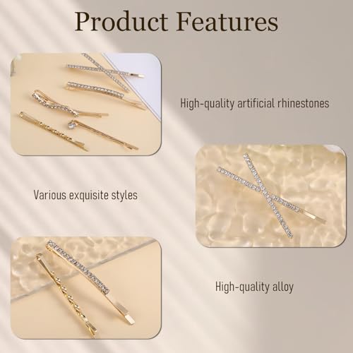 16 Pcs Gold Hair Pins Decorative I S X Shaped Diamond Hair Accessories Gold Rhinestone Bobby Pins Set Fancy Metal Hairs Clips Crystal Shiny Barrettes for Women Wedding Prom Party