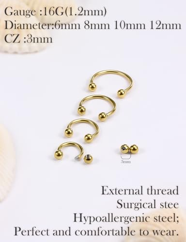 Oufksiyy 16G Horseshoe Septum Rings 6/8/10/12mm with Tool & Ball Grabber,Hypoallergenic for Nose,Rook,Cartilage,Helix,Lips-Silver Gold 316L Surgical Steel Septum Piercing jewelry - color: 14K Gold Plated Tone-16 G(1.2MM)