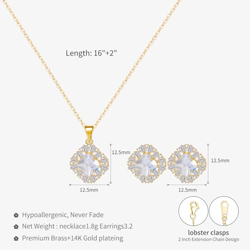14K Gold Plated | 14K Platinum Plated Necklace for Women Necklace Earrings Set with Sparkling Zircon Inlay and Silver Post Earrings - color: Zircon square three-leaf flower set gold