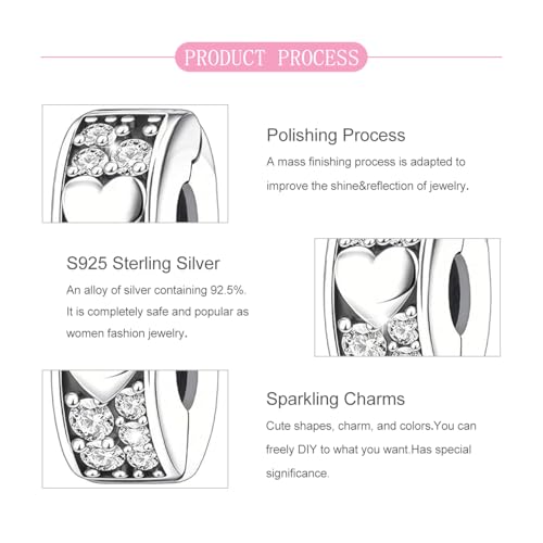 925 Sterling Silver Openable Clip Spacer Bead Fits Pandora Bracelet | Hypoallergenic Clip Stopper Charm, Star Clover Butterfly Floral Mom Heart Paved Zircon Gift for DIY Charm Bracelet Jewelry - color: Heart