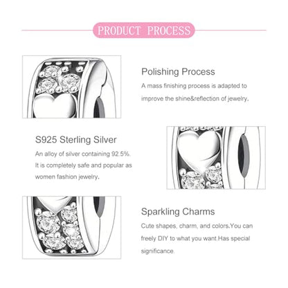 925 Sterling Silver Openable Clip Spacer Bead Fits Pandora Bracelet | Hypoallergenic Clip Stopper Charm, Star Clover Butterfly Floral Mom Heart Paved Zircon Gift for DIY Charm Bracelet Jewelry - color: Heart