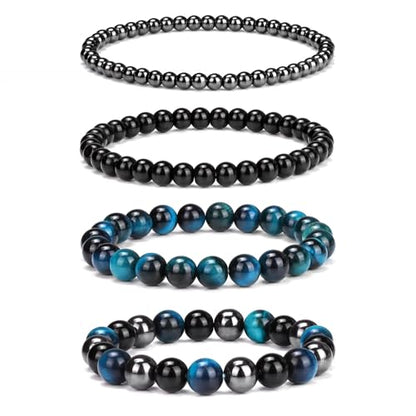 Vinswet 4pcs Beaded Bracelets for Women,Natural Healing Crystal Gemstones Bracelet,Anxiety Stress Relief Bracelet Handmade purple Jewelry Gifts for Women - color: Blue Tiger Eye&Black Obsidian&Hematite