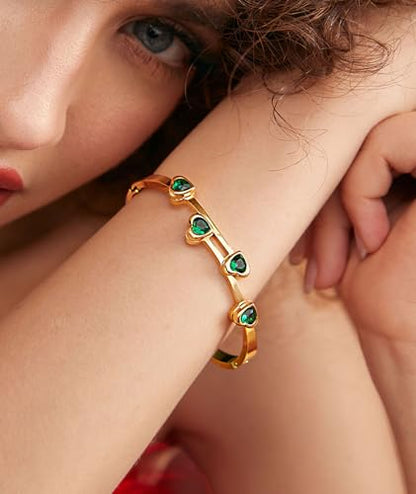 hotoo Gold Plated Bangle Bracelet for Women - style: Green Zircon Heart
