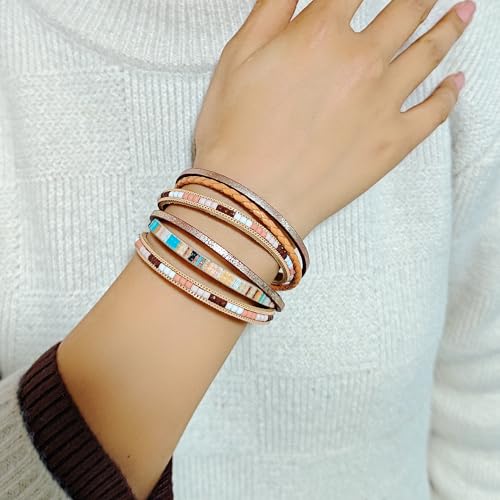 ZMANYIJEW Leather Wrap Bracelets for Women,Boho Cuff Bracelets Multi-Layer Crystal Beads Cuff Bracelet Multilayered Leopard Leather Braided Bangle Wrist Cuff Bangles - style: khaki