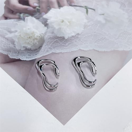 Minimalist Double Line Teardrop Cuff Wrap Clip on Earrings for Women Non Pierced Ear Unique Design 14K Gold Plated Silver Fake Hoop Hypoallergenic Fashion Trendy Jewelry - color: silver