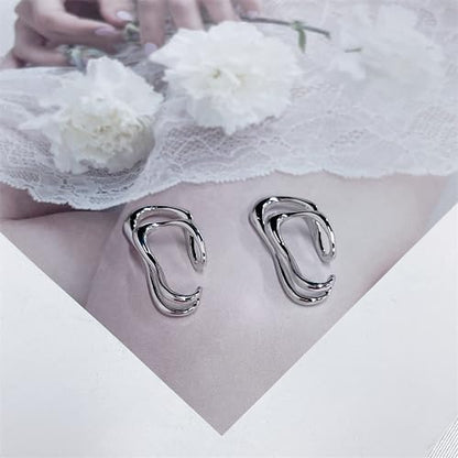 Minimalist Double Line Teardrop Cuff Wrap Clip on Earrings for Women Non Pierced Ear Unique Design 14K Gold Plated Silver Fake Hoop Hypoallergenic Fashion Trendy Jewelry - color: silver