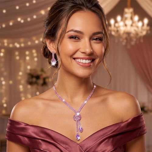 Unicra Silver Rhinestone Bridal Wedding Jewelry Set Crystal Necklace Earrings Sets Formal Prom Costume Jewelry Sets for Women and Brides - color: Purple