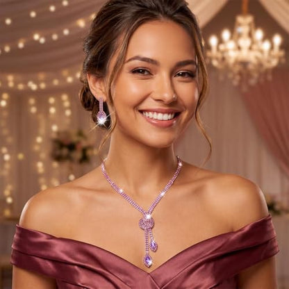 Unicra Silver Rhinestone Bridal Wedding Jewelry Set Crystal Necklace Earrings Sets Formal Prom Costume Jewelry Sets for Women and Brides - color: Purple
