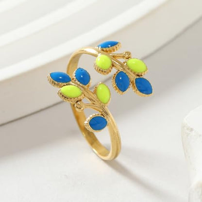 18K Gold Plated Floral Leaf Ring for Women Promise Engagement Open Ring Adjustable Wrap Colorful Jewelry Gift - color: Blue